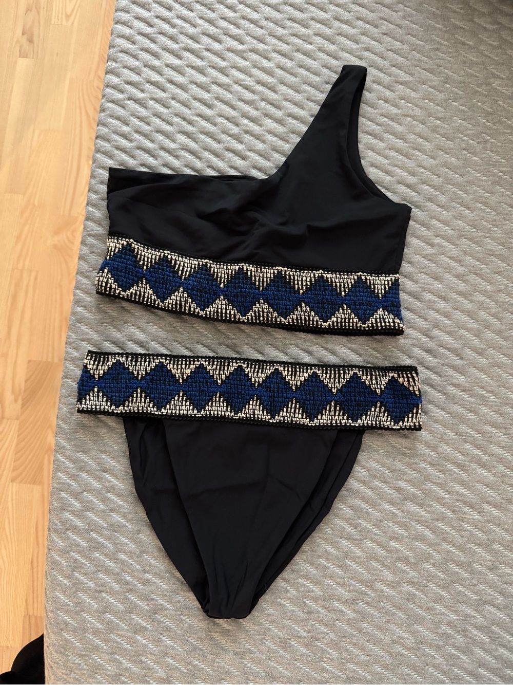 Elysiian Swim One-Shoulder Bikini with Blue & White Patterned Trim
